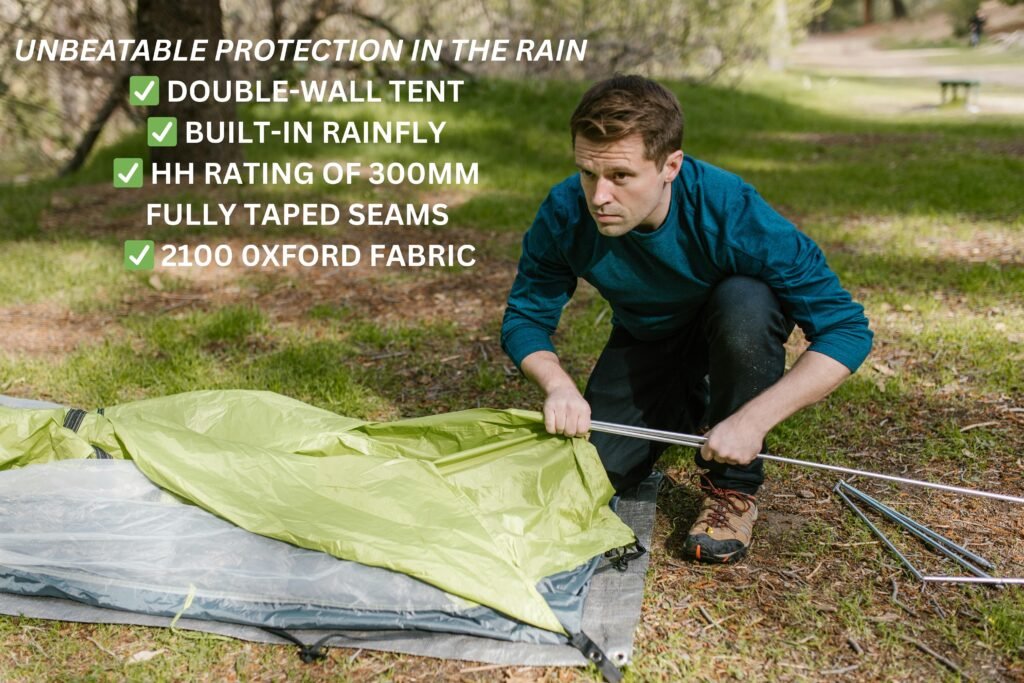 unbeatable protection in the rain ✅ double wall tent ✅ built in rainfly ✅ hh rating of 300mm fully taped seams ✅ 2100 0xford fabric